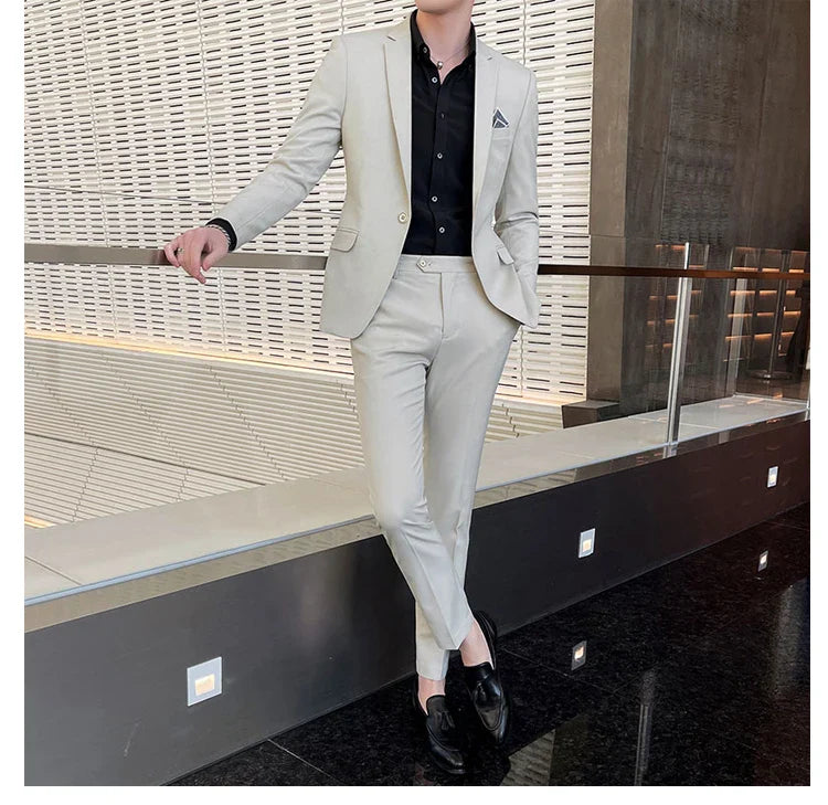 Men's Stylish Handsome Solid Color Suit Two-Piece Set M-4XL High Quality Formal Casual Banquet Fit Trousers Included