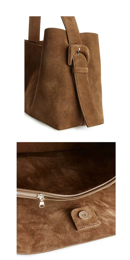 Luxury Genuine Leather Women Bags 2025 Spring Cow Suede Shoulder Bags Women Retro Gold Buckle Large Capacity Totes Lady Handbags