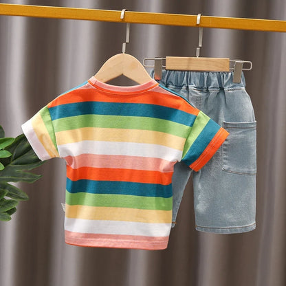 Baby Summer Trend Quality Clothes Set Children's Denim Shorts + Cotton Handsome T-Shirt 2-Piece Set