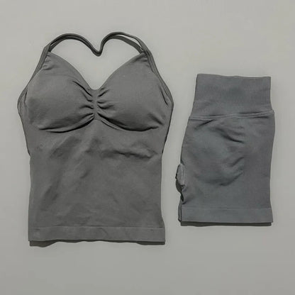 2 Pieces Sports Set Women Backless Halter Tops Fitness Tank Top High Waist Seamless High Stretch Shorts Gym Workout Sets
