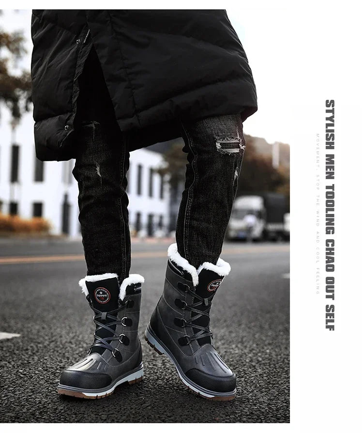 Fashion Men's Winter Boots Warm Fur High-top Snow Boots Men Waterproof Leather Platform Boots Outdoor Non-slip Men Winter Shoes
