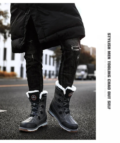 Fashion Men's Winter Boots Warm Fur High-top Snow Boots Men Waterproof Leather Platform Boots Outdoor Non-slip Men Winter Shoes