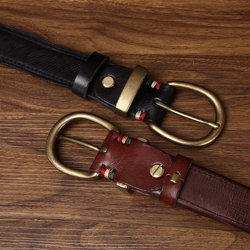 3.5CM High Quality Belt Men's Genuine Leather Top Layer Pure Cowhide Brass Buckle Jeans Vintage Strap Male Jeans for Man Luxury