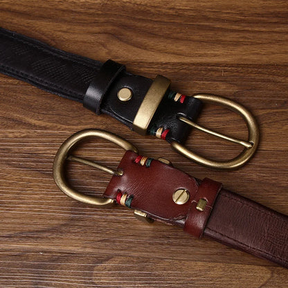 3.5CM High Quality Belt Men's Genuine Leather Top Layer Pure Cowhide Brass Buckle Jeans Vintage Strap Male Jeans for Man Luxury