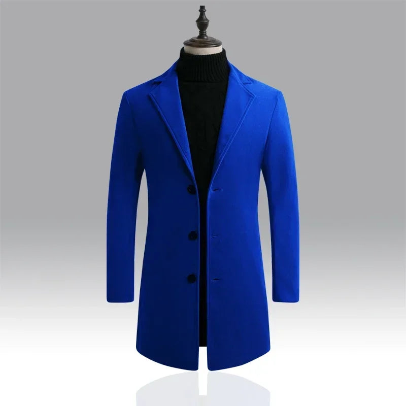 Men Long Cotton Coat 2025 Autumn Winter Wool Blend Pure Color Business Casual Slim Fit Windbreaker Jacket Fashion Men Clothing