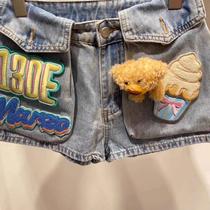 Design 3d Bear Velcro Design Denim Shorts Women's Summer New Loose Jeans Hot Pants