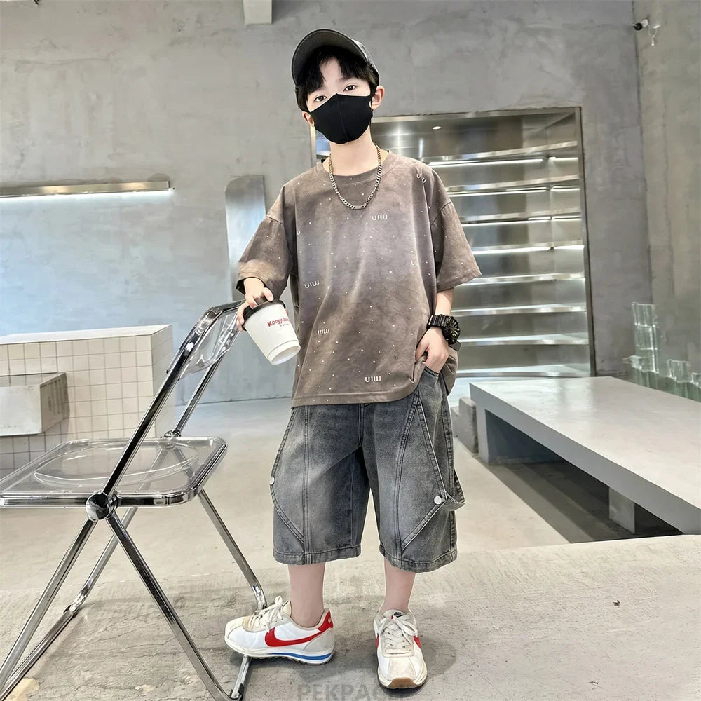 Luxury Children Fashion Summer Set for Boy Cotton Outfit Suit T-shirt Shorts Clothing Kids Street Top And Bottom 2 Pieces Suit