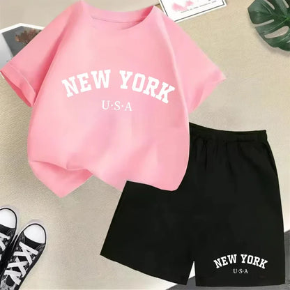 2026 New Kids Boys Girls New York Letter Pattern Cotton T-shirt+Shorts 2-Piece Set Casual Daily