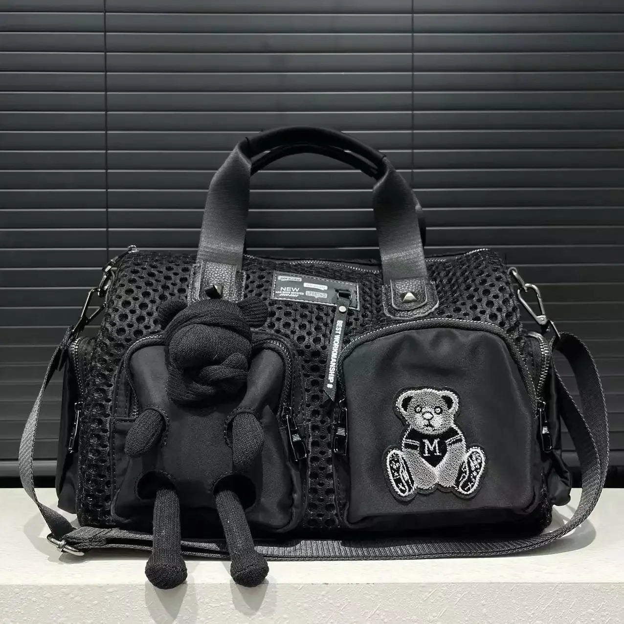 Ladies' fashionable mesh splicing casual handbag with multiple pockets, teddy bear doll, single shoulder diagonal cross bag