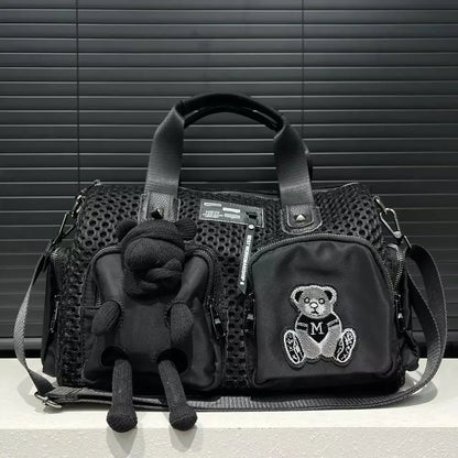Ladies' fashionable mesh splicing casual handbag with multiple pockets, teddy bear doll, single shoulder diagonal cross bag