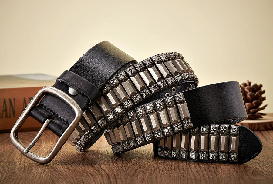 New Cowboy Motorcycle Jeans Heavy Metal Rivet Belts For Men Genuine Leather Belt Punk Rock Male Strap Ceinture Homme