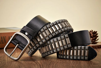New Cowboy Motorcycle Jeans Heavy Metal Rivet Belts For Men Genuine Leather Belt Punk Rock Male Strap Ceinture Homme