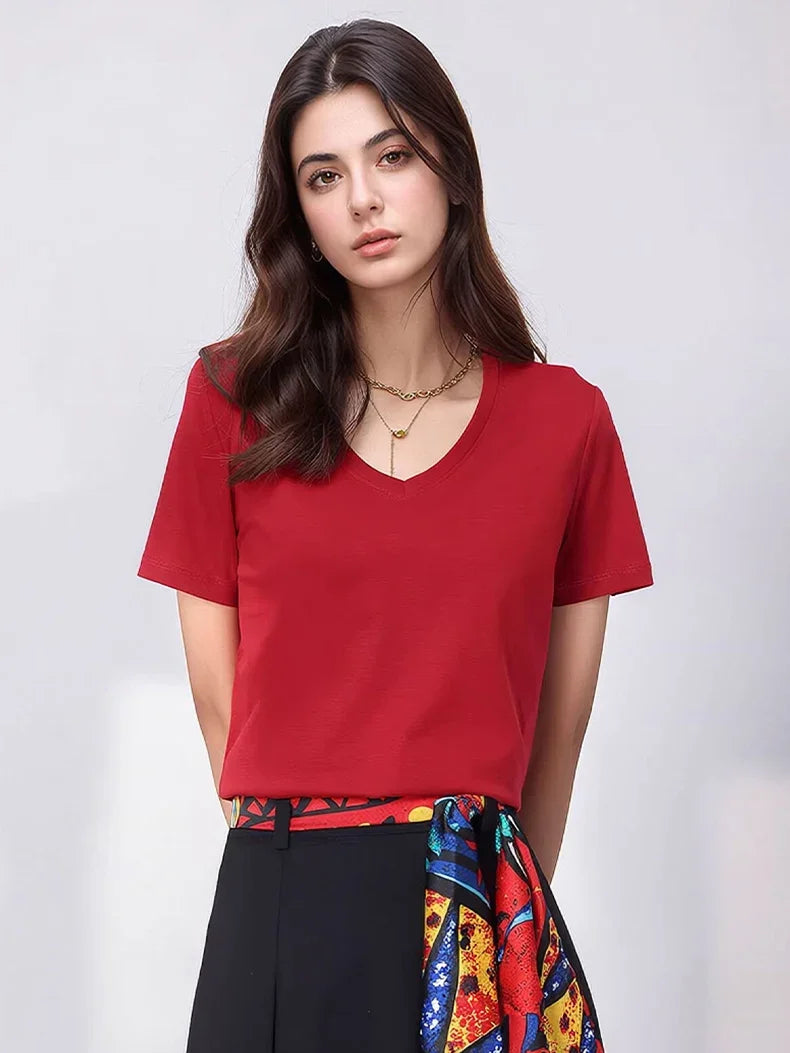 Women Solid T shirts, Silk Cotton Blend, O Neck, Short Sleeved Solid Tee,2025 Summer Candy Colors Basic Cozy Top Green