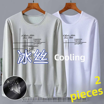 New 2025 Men's Ice Silk Breathable Sun Protection Hollow out Thin Long Sleeve Casual Sports T-Shirt Large Size Loose Fit