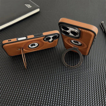 Luxury Leather Metal Magnetic Ring Stand Magsafe Case For iPhone 17 16 15 14 13 12 Pro Max Plus 17Air Business Hollow Logo Cover