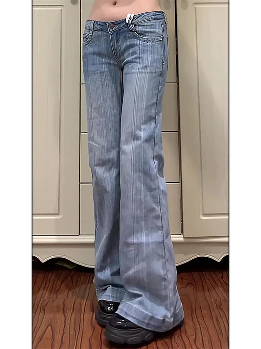 2025 Autumn Winter Women Vintage 2000s Low Rise Flare Denim Pants Y2k Japanese Streetwear Bootcut Jeans Baggy Bell Bottom New In