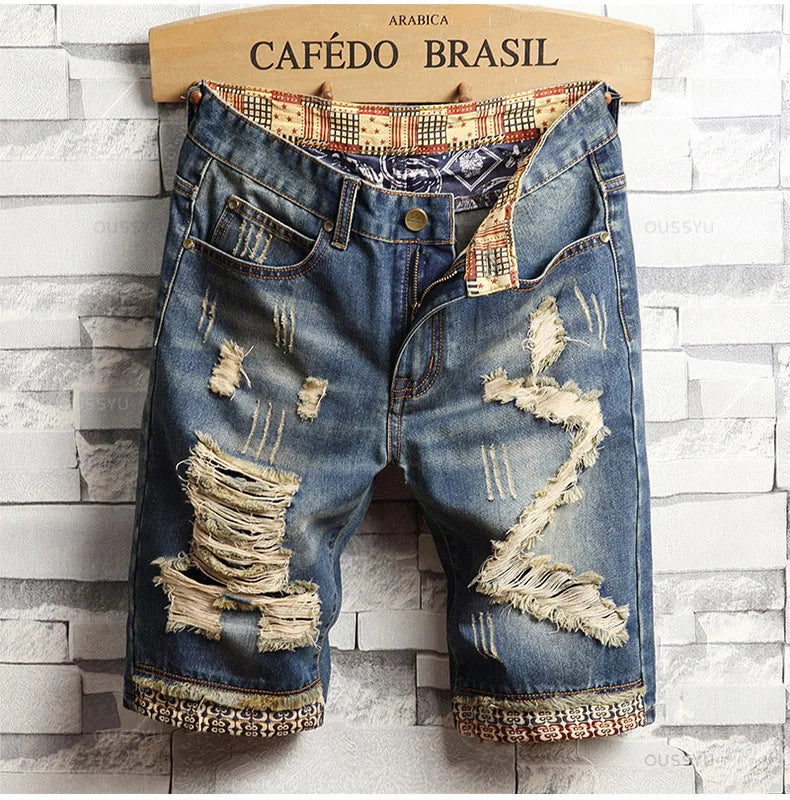 Brand Clothing New Summer Ripped Hole Denim Shorts Men Cotton Thin Straight Retro Biker Knee Length Short Jeans Male Streetwear