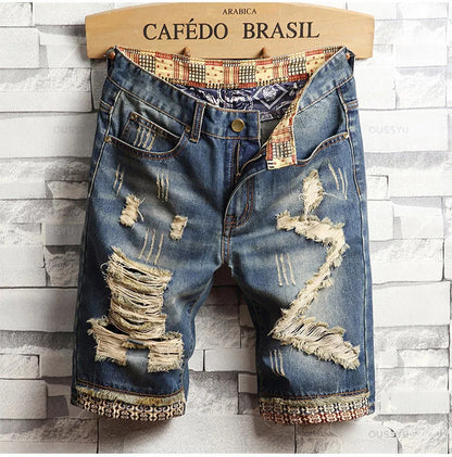 Brand Clothing New Summer Ripped Hole Denim Shorts Men Cotton Thin Straight Retro Biker Knee Length Short Jeans Male Streetwear