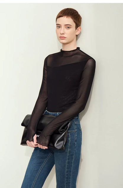 Minimalism Mesh T-shirts For Women 2025 Autumn New Office Lady Half-high Neck Micro Perspective Slim Retro Shirt 12423055