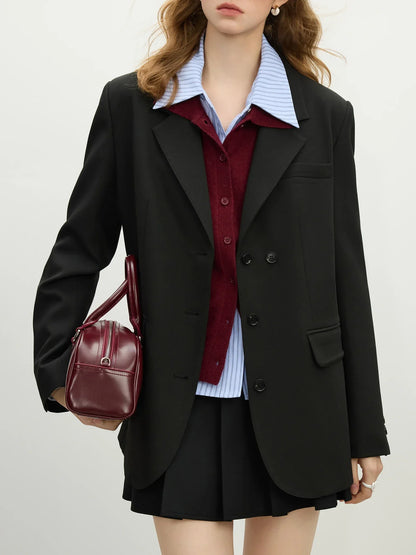 Women Khaki Blazer 2025 Spring New Office Lady Black Simple Loose Front Shoulder Blazer Coats Button Design Coat 25FS11071
