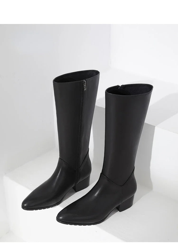 Italian Classic Men's Knee High Boots 5 Cm Heels Luxury Genuine Leather Comfortable Winter Warm Black Business Shoes Boots Man