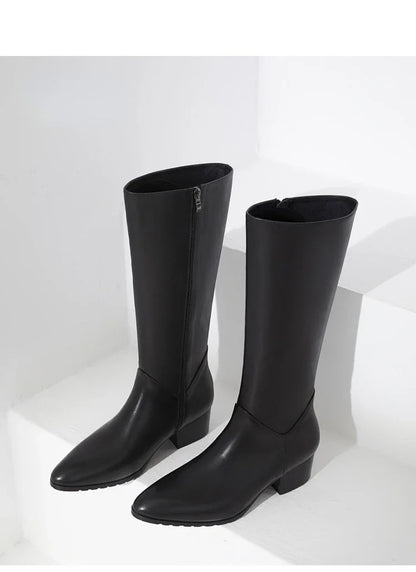 Italian Classic Men's Knee High Boots 5 Cm Heels Luxury Genuine Leather Comfortable Winter Warm Black Business Shoes Boots Man