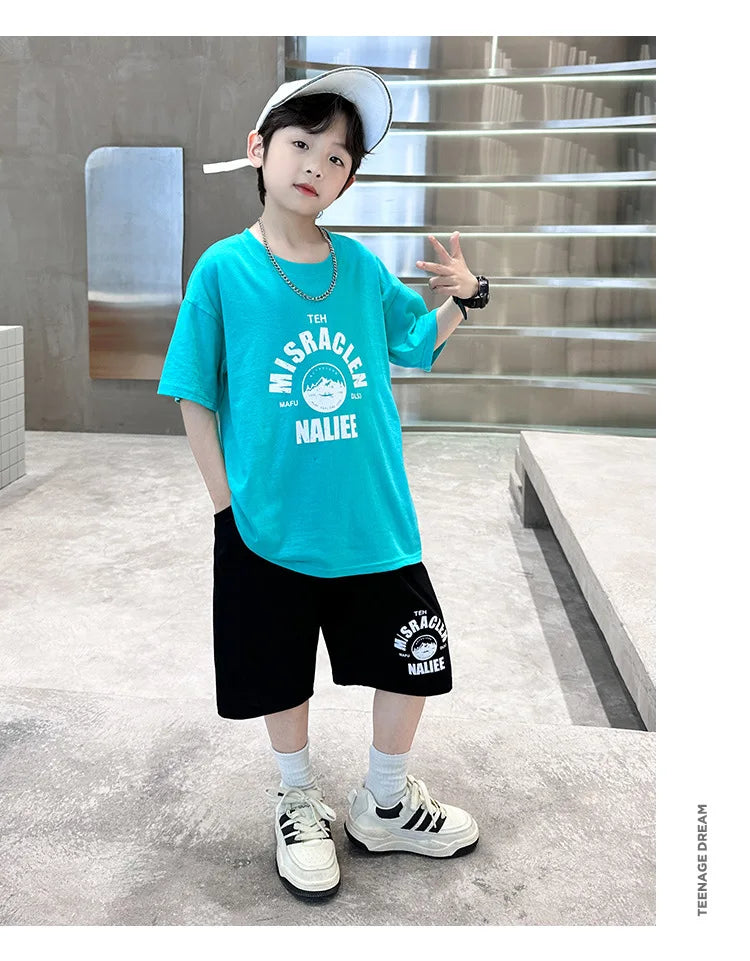 Summer Boys Cotton Leisure Print T-Shirt Top+Shorts Pant Contrast Set School Kids 2PCS Tracksuit Children Vacation Outfit 5-16Yr