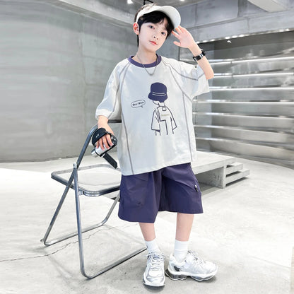 Teenage Summer Tracksuit for Boy with Shorts Tshirt 2 Piece Top and Bottom Clothes Set Kids Child Casual Cotton Outfit Suit Wear