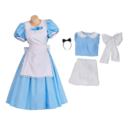 Adult Women Wonderland Alice Lolita Maid Dress With Apron Bow Hair Band Outfits Halloween Party Fancy Alice Costume Dress