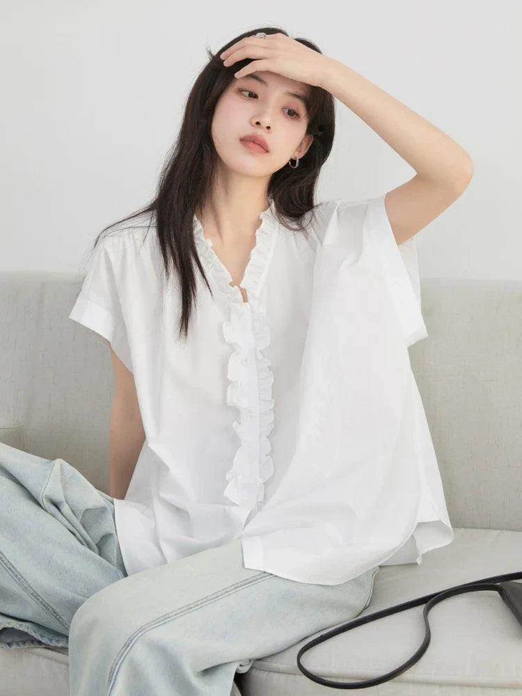 Women Shirts Loose Casual Cotton Ruffled Edge White Short Sleeved Shirt Female Blouses for Woman Summer 2025