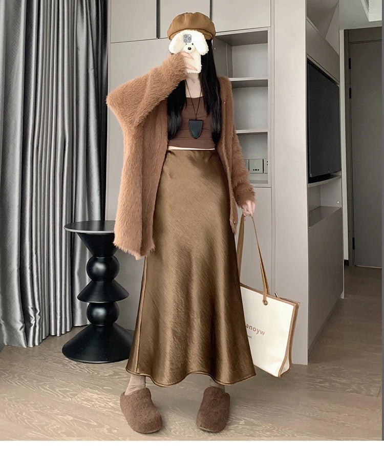 New Autumn Winter Solid Satin Silk Mermaid Skirt Women Fashion High Waist Office Ladies Work Warmth Party Long Maxi Skirt