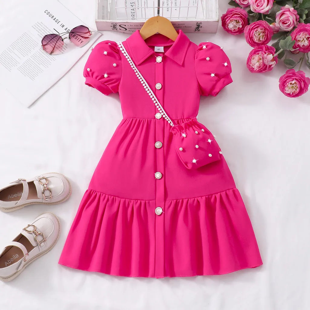 【Free Bag】 Toddler Girl Dress Summer Pearl Casual Cute Children Princess Dresses Birthday Party Kids Girls Dress 3 4 5 6 7 Yrs