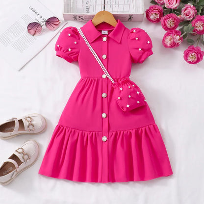 【Free Bag】 Toddler Girl Dress Summer Pearl Casual Cute Children Princess Dresses Birthday Party Kids Girls Dress 3 4 5 6 7 Yrs