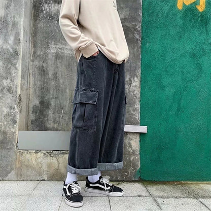 Baggy Jeans Men's Oversize Streetwear Fashion Wide Leg Cargo Pants Hip Hop Harajuku Multi-Pocket Denim Trousers Black Blue