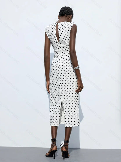 2026 Summer Women's Fashionable and Sexy Polka Dot Fitted Waist Round Neck Sleeveless Dress with Built-in Shoulder Pads