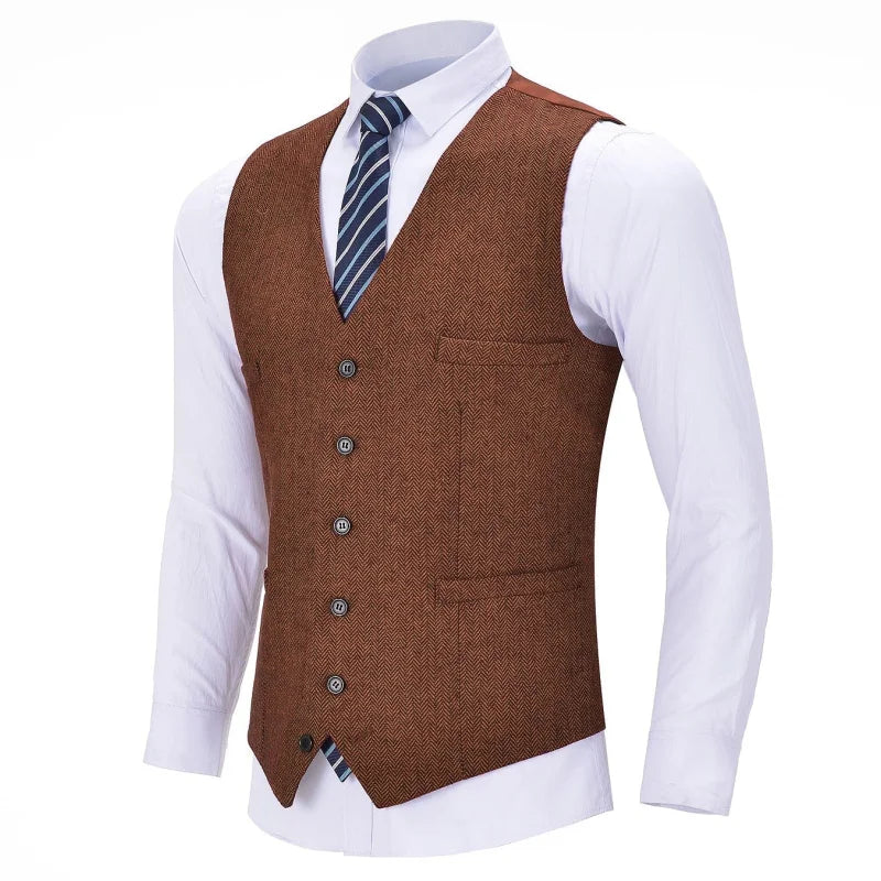 Men Vest Red Solid V Neck Herringbone Waistcoat For Wedding Business Birthday Banquet Work Set Men Suit Vest
