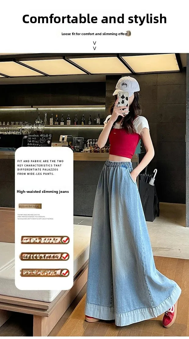 Casual High Waist Wide Leg Jeans Women's Loose Fit Summer Faion plus Size American Sle Cuffed Casual Denim Skirt Pants