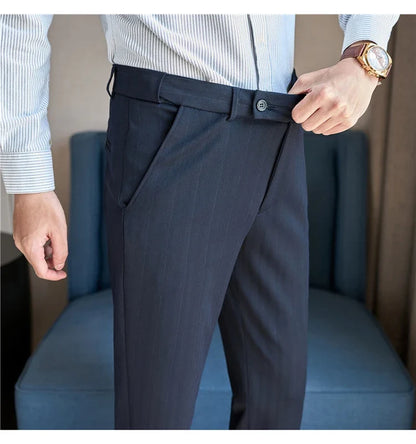 Autumn Winter New Thickened Wool Striped Suit Pants Men's High Qualitys Elastic Waist Slim Fit Business Casual Trousers 38-29