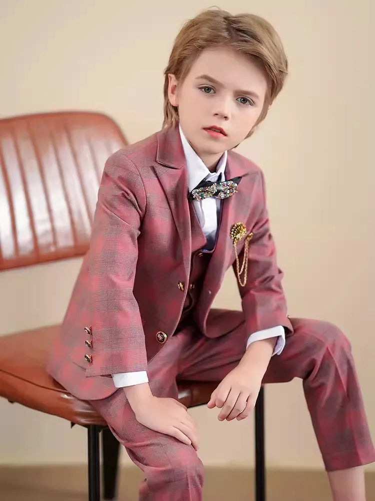 Children Red Jacket Vest Pants 3PCS Photograph Suit Boys Wedding Dress Prince Kids Tuxedo Set Teenager Birthday Party Costume
