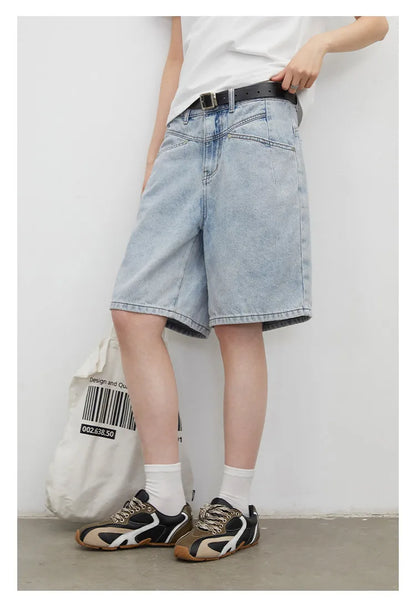 Fashion Women Shorts Mid-length Blue New Dividing Line Design Retro Washed Cotton Straight Leg Short Jeans Summer 2026