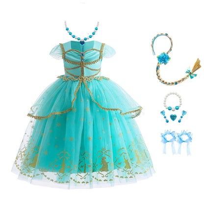Girl Halloween Princess Dress Aladdin Magic Lamp Jasmine Dress Girl Fancy Mesh Ball Gown Childrens Day Gifts Carnival Costume