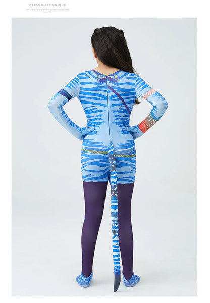 Girls Avatar 2 Neytiri Costume Tail Suit Boys Jake Sully Cosplay Zentai Bodysuit Jumpsuit Kids Halloween Birthday Party Costume