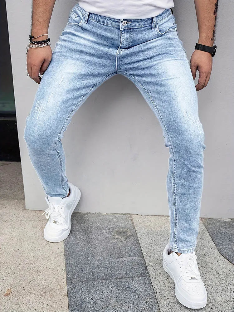 2025 Men's Slim Four-Season Washed Fashion Jeans Stretch Slim Fit Light Blue Gray Black Casual Denim Pants