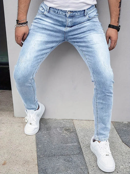 2025 Men's Slim Four-Season Washed Fashion Jeans Stretch Slim Fit Light Blue Gray Black Casual Denim Pants