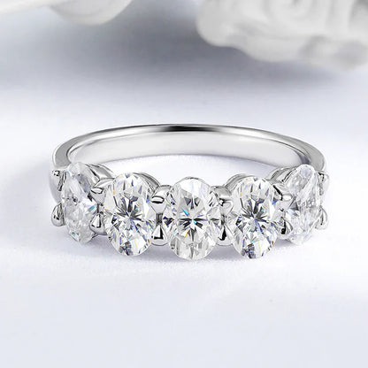 4*6mm Oval Cut Full Moissanite Ring for Women 5 Stone Lab Diamond Half Eternity Band Luxury Jewelry 925 Sterling Silver