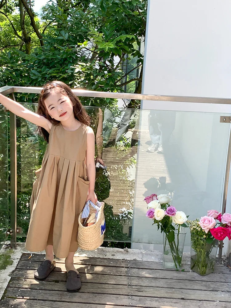 2026 New Summer Children Girls Sleeveless Dress Teen Solid Color Cotton Loose Casual Sundress Kids Vacation Style Princess Dress