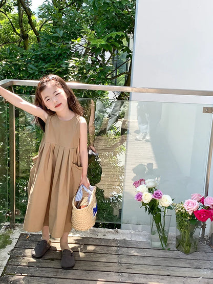 2026 New Summer Children Girls Sleeveless Dress Teen Solid Color Cotton Loose Casual Sundress Kids Vacation Style Princess Dress