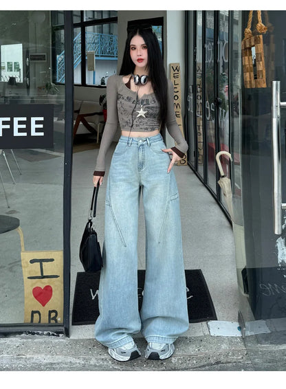 High Waisted Wide Leg Jeans Women Cotton Retro Denim Y2k Loose Fashion Design Sense Pant Streetwear Baggy Straight Trouser Woman