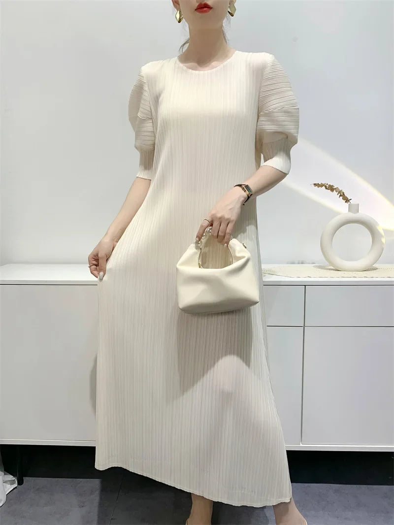 Miyake Pleated Dress 2024 Summer New Round Neck Loose and Comfortable A-line Short Sleeve Maix Dress