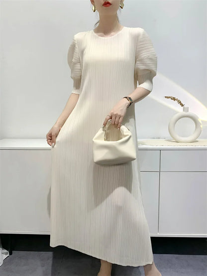 Miyake Pleated Dress 2024 Summer New Round Neck Loose and Comfortable A-line Short Sleeve Maix Dress